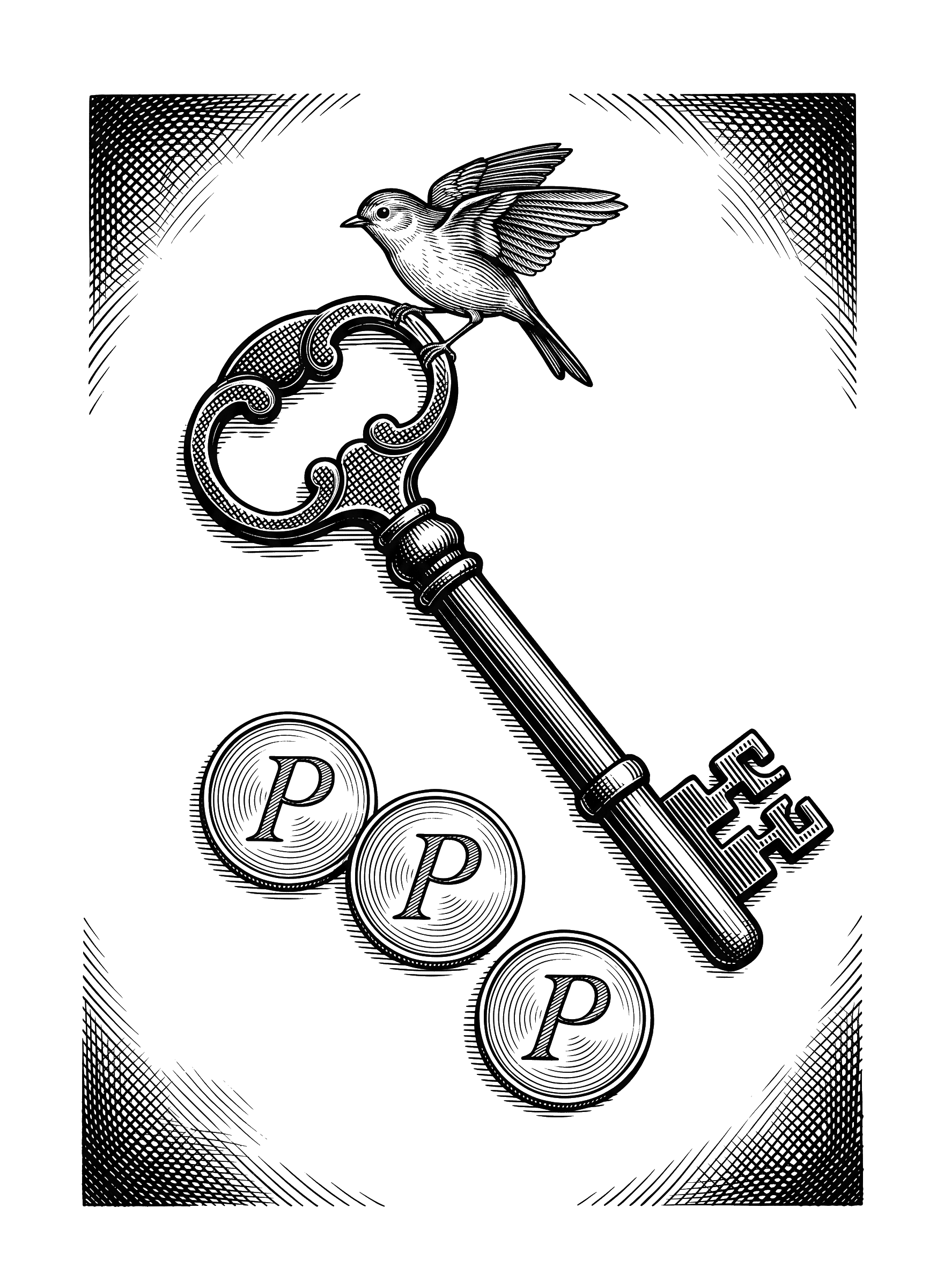 Engraving: a heavy iron skeleton key crossing the plate diagonally, three coins each engraved with the letter P, and a small songbird perched on the key's bow.