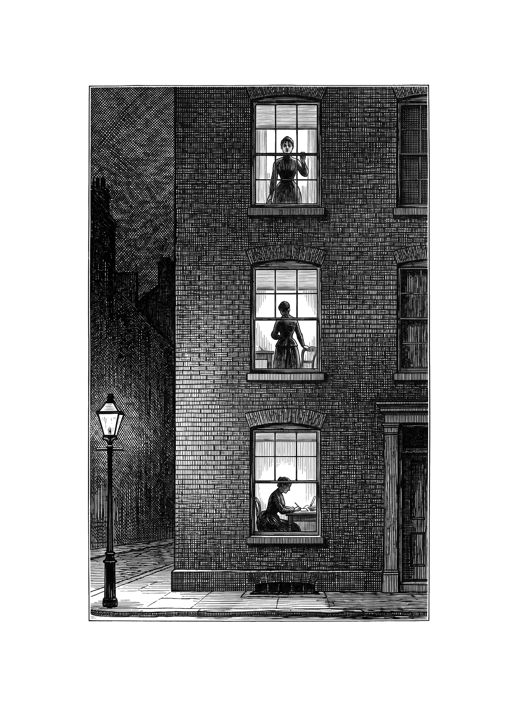 Engraving: a tall brick apartment building at night with three lit windows stacked vertically, each containing the silhouette of a different woman at work.