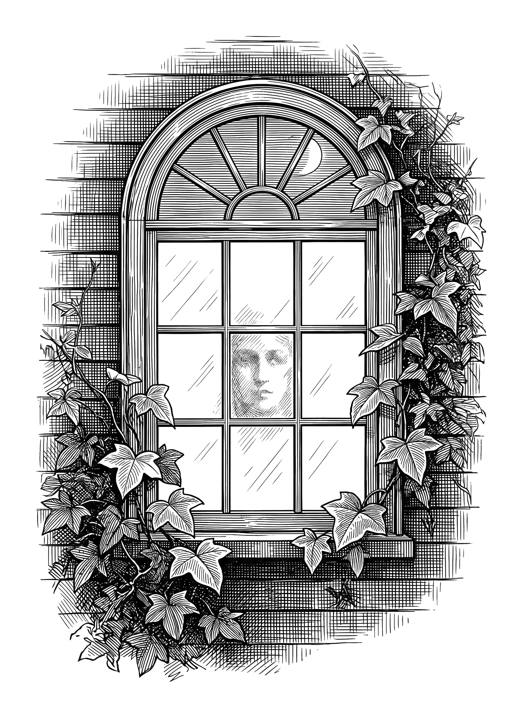 Engraving: a half-circle Federal-style attic fanlight by moonlight, a face barely visible behind the panes, ivy climbing the wall.