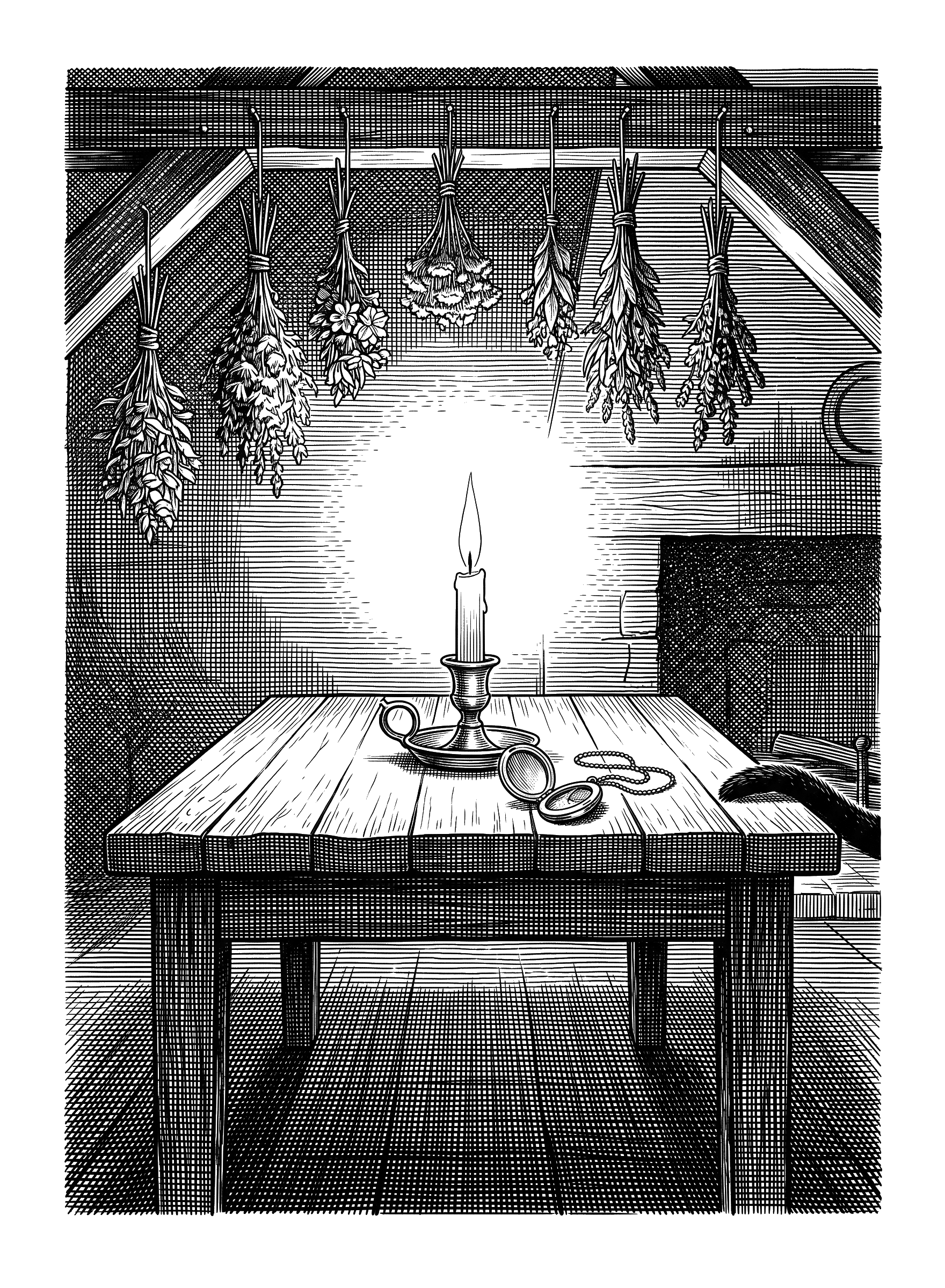 Engraving: a heavy kitchen table at night with a lit candle, an open gold locket, hanging herbs above, and a black cat's tail vanishing off the table's edge.