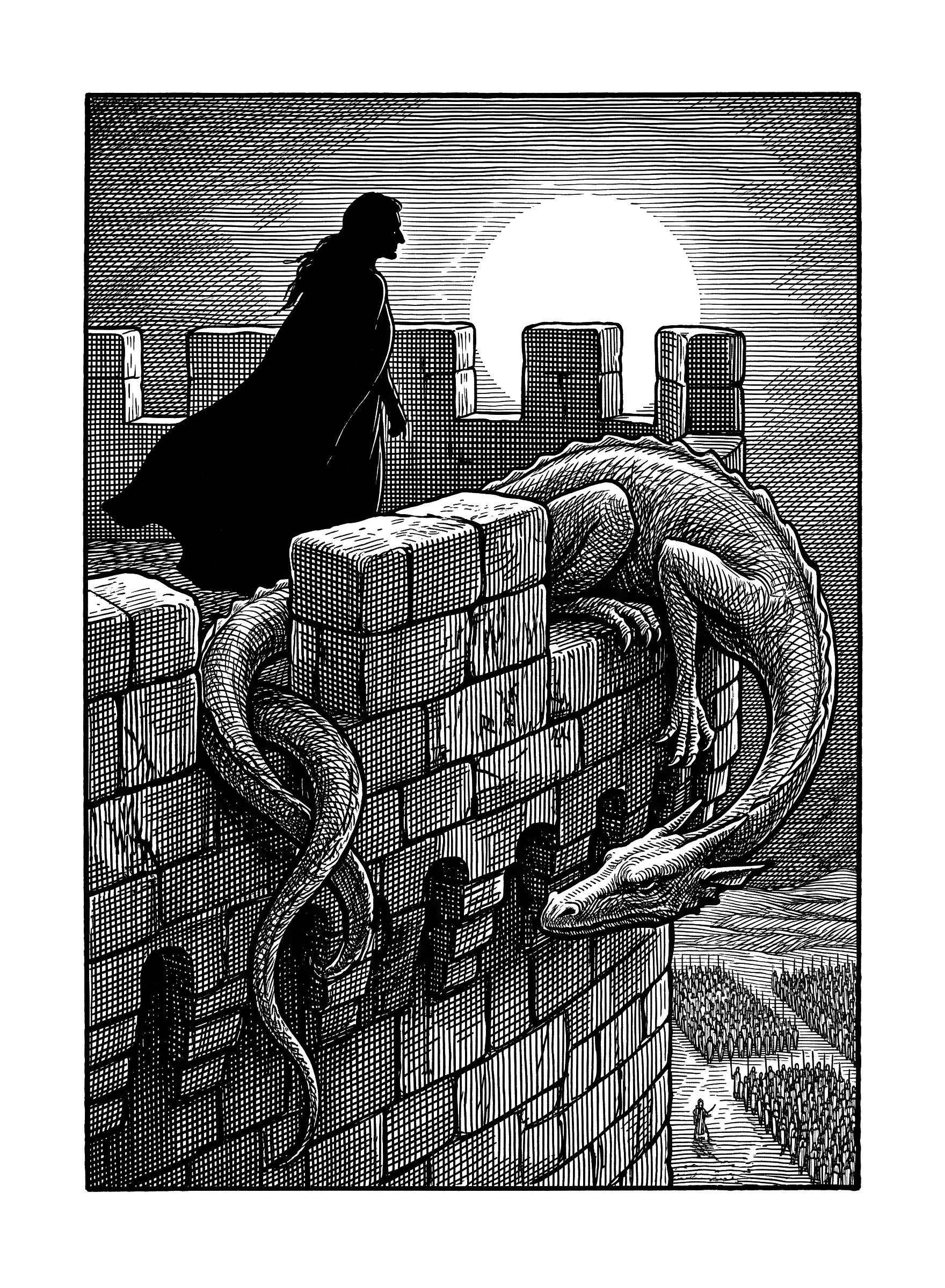 Engraving: a medieval castle battlement at night, a cloaked witch in profile on the parapet beside a coiled dragon, a full moon framed between crenellations, a distant army below.